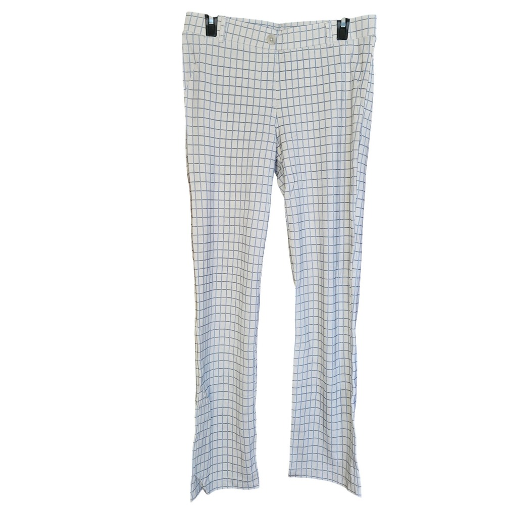 Betabrand Dress Pant Yoga Pants Womens Medium White Blue Windowpane Plaid New